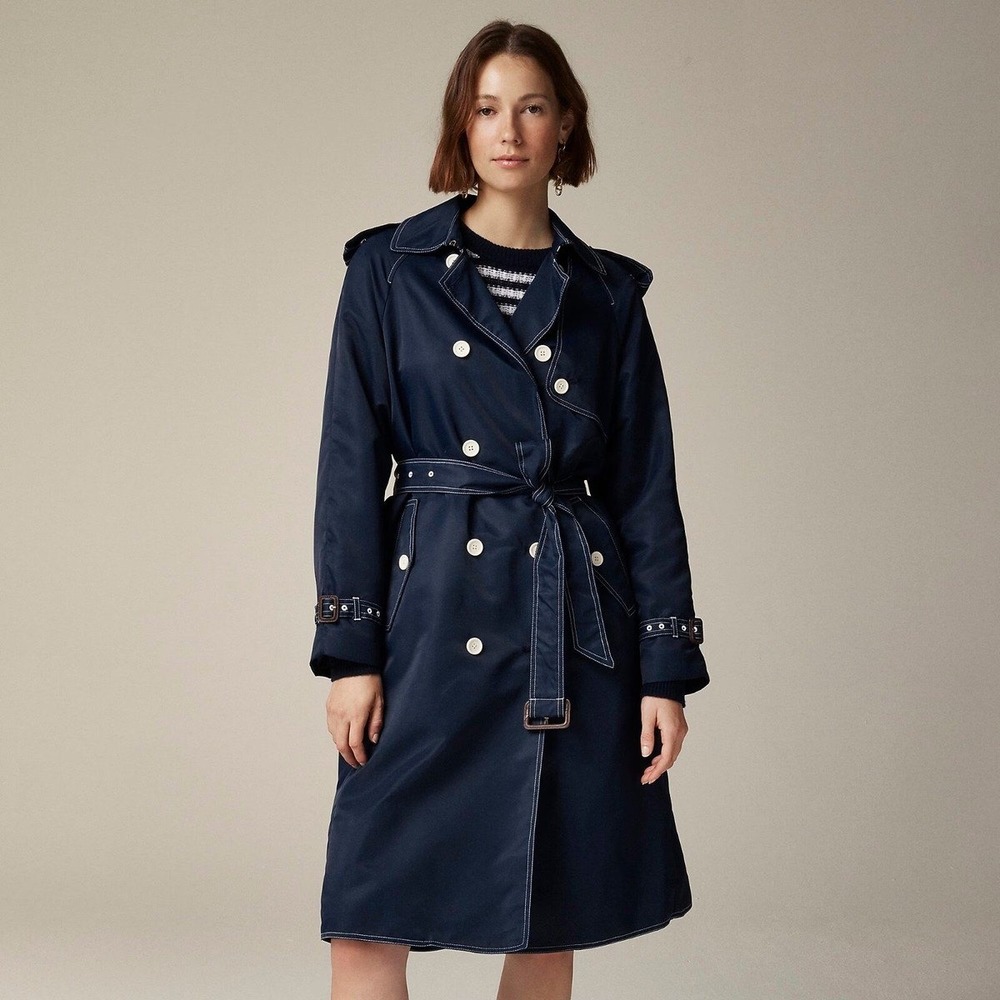 J.Crew Navy Blue Relaxed Trench Coat Shiny Nylon Contrast Stitch CD420 Size 10